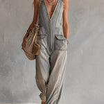 Retro Casual Distressed Gray-Blue Raw Hem Denim Jumpsuit