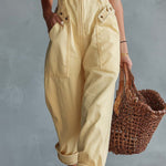 Casual Retro Square Neck Front Zipper Light Yellow Denim Jumpsuit