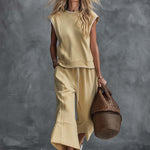 Retro-Casual Sports Light Yellow Cotton Crew-Neck Top And Cropped Pants Set