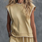 Retro-Casual Sports Light Yellow Cotton Crew-Neck Top And Cropped Pants Set