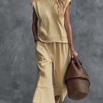Retro-Casual Sports Light Yellow Cotton Crew-Neck Top And Cropped Pants Set