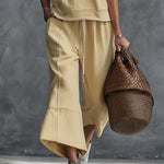 Retro-Casual Sports Light Yellow Cotton Crew-Neck Top And Cropped Pants Set