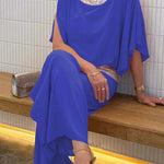 Stylish Sequin Patchwork Dolman Sleeve Top and Elastic Waist Wide Leg Pants Set
