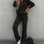 2 Pieces Outfit Button Decor V-Neck Long Sleeve Top and Elastic Waist Straight Leg Pants Set Casual Ribbed Set