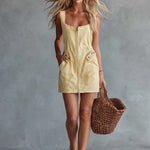 Casual Retro Square Neck Front Zipper Light Yellow Denim Mini Dress