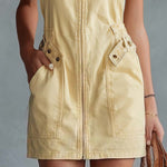 Casual Retro Square Neck Front Zipper Light Yellow Denim Mini Dress