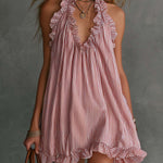 Retro Casual Fashion Ruffled V-Neck Striped Mini Dress