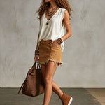 Western Retro Frayed Camel Denim Mini Skirt And Shorts