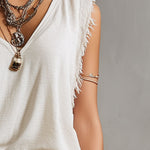 Western Retro Creamy White Cotton V-Neck Sleeveless Frayed Edge Top