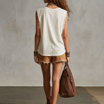 Western Retro Creamy White Cotton V-Neck Sleeveless Frayed Edge Top