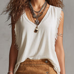 Western Retro Creamy White Cotton V-Neck Sleeveless Frayed Edge Top