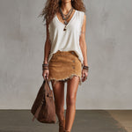 Western Retro Creamy White Cotton V-Neck Sleeveless Frayed Edge Top