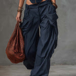 Personality Retro Casual Navy Blue Striped Square-Neck Front Zipper Top And Pants Set