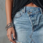 Vintage Versatile Blue Distressed Denim Asymmetrical Mini Skirt