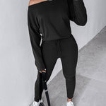 2 Pieces Outfit Long Sleeve Skew Neck Pullover Top and Drawstring Elastic Waist Slim Fit Pants Set