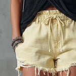 Casual & Versatile Light Yellow Distressed Denim Hot Pants