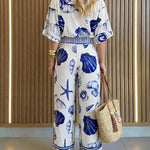 Women's Ocean Print Jumpsuit Seashell Starfish Wrap V Neck Batwing Sleeve Tie Waist Wide Leg Romper with Pockets