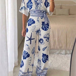 Women's Ocean Print Jumpsuit Seashell Starfish Wrap V Neck Batwing Sleeve Tie Waist Wide Leg Romper with Pockets