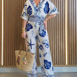 Women's Ocean Print Jumpsuit Seashell Starfish Wrap V Neck Batwing Sleeve Tie Waist Wide Leg Romper with Pockets