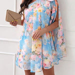 CHICME Women's Floral Print One-Shoulder Chiffon Dress 3D Floral Decor Split Sleeve Loose A-Line Mini Dress