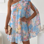 CHICME Women's Floral Print One-Shoulder Chiffon Dress 3D Floral Decor Split Sleeve Loose A-Line Mini Dress