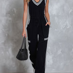 Retro Casual Sporty Color-blocked Black Sleeveless V-neck Cotton Jumpsuit