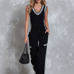 Retro Casual Sporty Color-blocked Black Sleeveless V-neck Cotton Jumpsuit