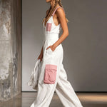 Color-blocked Wide-strap Sleeveless Multi-pocket Jumpsuit