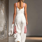 Color-blocked Wide-strap Sleeveless Multi-pocket Jumpsuit