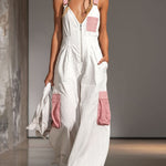 Color-blocked Wide-strap Sleeveless Multi-pocket Jumpsuit