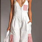 Color-blocked Wide-strap Sleeveless Multi-pocket Jumpsuit