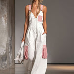 Color-blocked Wide-strap Sleeveless Multi-pocket Jumpsuit