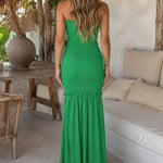 Sweetheart Neck Frill Trim Shirred Slim Fit Maxi Dress Elegant Cutout Front Mermaid Hem Evening Dress