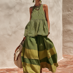 Retro-style Vacation Color-blocked Cotton And Linen Wide-leg Pants