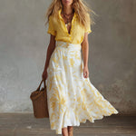 Elegant Summer Vacation Outfit Yellow Cotton-Linen T-Shirt & Moon-Print Chiffon Skirt Set