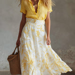 Elegant Summer Vacation Outfit Yellow Cotton-Linen T-Shirt & Moon-Print Chiffon Skirt Set