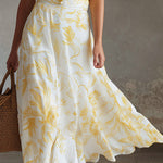 Elegant Summer Vacation Outfit Yellow Cotton-Linen T-Shirt & Moon-Print Chiffon Skirt Set