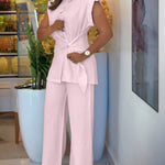 2 Pieces Outfit Turn-down Collar Cap Sleeve Button Front Tied Detail Top and Casual Zipper Fly Elastic Back Waist Wide-Leg Pants Set