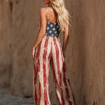 Retro-style Flag Print Cotton Linen Sleeveless Jumpsuit
