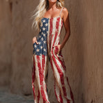 Retro-style Flag Print Cotton Linen Sleeveless Jumpsuit