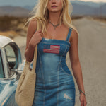 Retro Flag-Embroidered Blue Distressed Denim Mini Dress