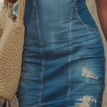 Retro Flag-Embroidered Blue Distressed Denim Mini Dress