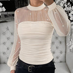 Pearls Decor Mock Neck Sheer Mesh Spliced Ruched Tee Hollow-out Back Slim Fit Textured Top