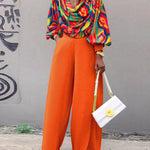 2 Pieces Outfit Multi-color All Over Print Cowl Neck Lantern Sleeve Stretchy Hem Loose Crop Top and Casual Elastic Back Waist Wide Leg Pants Set