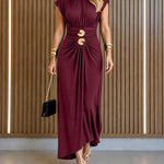 Women's Boat Neck Ruched Maxi Dress Gold Buckle Cap Sleeve Formal Evening Gown