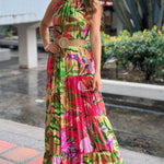 Tropical Print Halter Ruched Sleeveless Maxi Dress Casual A Line Flowy Smock Dress