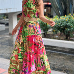 Tropical Print Halter Ruched Sleeveless Maxi Dress Casual A Line Flowy Smock Dress