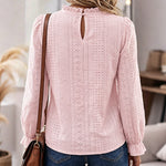 Women's French Style Eyelet Embroidery Blouse Elegant Frill Hem Stand Collar Puff Sleeve Top Lace Patchwork Shirt