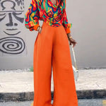 2 Pieces Outfit Multi-color All Over Print Cowl Neck Lantern Sleeve Stretchy Hem Loose Crop Top and Casual Elastic Back Waist Wide Leg Pants Set