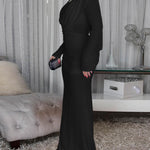 Cowl Neck Ruched Zipper Back Slim Fit Maxi Dress Casual Padded Shoulders Backless Evening Dress